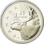 Canada 25 Cents Elizabeth II 3rd portrait 1994 Proof KM# 184 CANADA 25 CENTS coin reverse Canada 25 Cents Elizabeth II 3rd portrait 1994 Proof KM# 184 CANADA 25 CENTS coin reverse