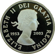 Canada 25 Cents Elizabeth II Golden Jubilee 1953-2003 Proof KM# 471 ELIZABETH II DEI GRATIA REGINA 1953 2003 coin obverse Canada 25 Cents Elizabeth II Golden Jubilee 1953-2003 Proof KM# 471 ELIZABETH II DEI GRATIA REGINA 1953 2003 coin obverse