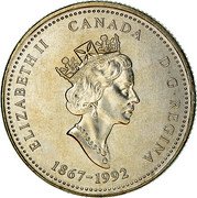 Canada 25 Cents Ontario (1992) KM# 223 ELIZABETH II D ∙ G ∙ REGINA CANADA 1867-1992 coin obverse Canada 25 Cents Ontario (1992) KM# 223 ELIZABETH II D ∙ G ∙ REGINA CANADA 1867-1992 coin obverse