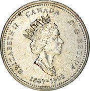 Canada 25 Cents Quebec (1992) KM# 234 ELIZABETH II D ∙ G ∙ REGINA CANADA 1867-1992 coin obverse Canada 25 Cents Quebec (1992) KM# 234 ELIZABETH II D ∙ G ∙ REGINA CANADA 1867-1992 coin obverse