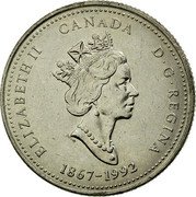 Canada 25 Cents Saskatchewan (1992) KM# 233 ELIZABETH II CANADA D∙G∙REGINA 1867-1992 coin obverse Canada 25 Cents Saskatchewan (1992) KM# 233 ELIZABETH II CANADA D∙G∙REGINA 1867-1992 coin obverse