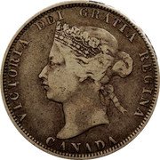 Canada 25 Cents Victoria 1874 H KM# 5 VICTORIA DEI GRATIA REGINA CANADA coin obverse Canada 25 Cents Victoria 1874 H KM# 5 VICTORIA DEI GRATIA REGINA CANADA coin obverse