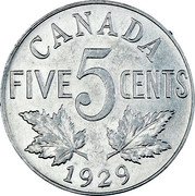 Canada 5 Cents George V 1929 KM# 29 CANADA FIVE 5 CENTS DATE coin reverse Canada 5 Cents George V 1929 KM# 29 CANADA FIVE 5 CENTS DATE coin reverse