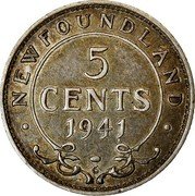 Canada 5 Cents George VI 1941 C KM# 19 NEWFOUNDLAND 5 CENTS DATE coin reverse Canada 5 Cents George VI 1941 C KM# 19 NEWFOUNDLAND 5 CENTS DATE coin reverse