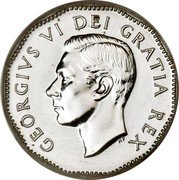 Canada 5 Cents George VI 1951 High relief; Second “A” in GRATIA points to a denticle KM# 42a GEORGIVS VI DEI GRATIA REX HP coin obverse Canada 5 Cents George VI 1951 High relief; Second “A” in GRATIA points to a denticle KM# 42a GEORGIVS VI DEI GRATIA REX HP coin obverse