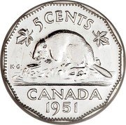 Canada 5 Cents George VI 1951 High relief; Second “A” in GRATIA points to a denticle KM# 42a 5 CENTS CANADA DATE K∙G coin reverse Canada 5 Cents George VI 1951 High relief; Second “A” in GRATIA points to a denticle KM# 42a 5 CENTS CANADA DATE K∙G coin reverse