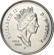 Canada 5 Cents Golden Jubilee 1952-2002 P KM# 446 ELIZABETH II D ∙ G ∙ REGINA 1952 2002 P coin obverse Canada 5 Cents Golden Jubilee 1952-2002 P KM# 446 ELIZABETH II D ∙ G ∙ REGINA 1952 2002 P coin obverse