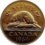 Canada 5 Cents The Beaver 1964 Extra water line KM# 57 5 CENTS K∙G CANADA DATE coin reverse Canada 5 Cents The Beaver 1964 Extra water line KM# 57 5 CENTS K∙G CANADA DATE coin reverse