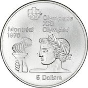 Canada 5 Dollars Athlete with Torch 1974 KM# 90 OYMPIADE XXI MONTRÉAL OLYMPIAD 1976 5 DOLLARS coin reverse