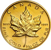 Canada 5 Dollars Maple Leaf 1989 Proof KM# 135 CANADA 9999 9999 FINE GOLD 1/10 OZ OR PUR coin reverse Canada 5 Dollars Maple Leaf 1989 Proof KM# 135 CANADA 9999 9999 FINE GOLD 1/10 OZ OR PUR coin reverse