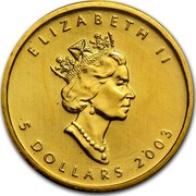 Canada 5 Dollars Maple Leaf 2003 KM# 188 ELIZABETH II 5 DOLLARS coin obverse Canada 5 Dollars Maple Leaf 2003 KM# 188 ELIZABETH II 5 DOLLARS coin obverse