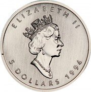 Canada 5 Dollars Maple leaf - Platinum 1994 KM# 192 ELIZABETH II 5 DOLLARS 1993 coin obverse Canada 5 Dollars Maple leaf - Platinum 1994 KM# 192 ELIZABETH II 5 DOLLARS 1993 coin obverse