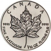 Canada 5 Dollars Maple leaf - Platinum 1994 KM# 192 CANADA 9995 9995 FINE PLATINUM 1/10 OZ PLATINUM PUR coin reverse Canada 5 Dollars Maple leaf - Platinum 1994 KM# 192 CANADA 9995 9995 FINE PLATINUM 1/10 OZ PLATINUM PUR coin reverse