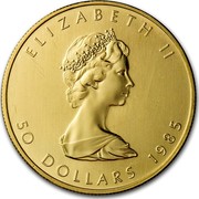 Canada 50 Dollars Maple Leaf 10th Anniversary 1985 KM# 125.2 ELIZABETH II 50 DOLLARS 1985 coin obverse Canada 50 Dollars Maple Leaf 10th Anniversary 1985 KM# 125.2 ELIZABETH II 50 DOLLARS 1985 coin obverse