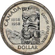 Canada Dollar British Columbia (1958) KM# 55 CANADA 1858 1958 BRITISH COLUMBIA DOLLAR coin reverse Canada Dollar British Columbia (1958) KM# 55 CANADA 1858 1958 BRITISH COLUMBIA DOLLAR coin reverse