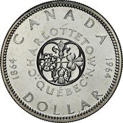 Canada Dollar Confederation Conferences (1964) Specimen proof KM# 58 1864 CANADA 1964 CHARLOTTETOWN • QUÉBEC • DOLLAR D.V. TS. coin reverse Canada Dollar Confederation Conferences (1964) Specimen proof KM# 58 1864 CANADA 1964 CHARLOTTETOWN • QUÉBEC • DOLLAR D.V. TS. coin reverse