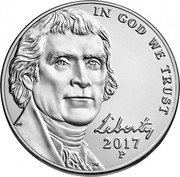 USA Five Cents Jefferson Large Facing Portrait. Enhanced Monticello Reverse 2017 P KM# 381 IN GOD WE TRUST LIBERTY coin obverse USA Five Cents Jefferson Large Facing Portrait. Enhanced Monticello Reverse 2017 P KM# 381 IN GOD WE TRUST LIBERTY coin obverse