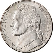USA Five Cents Jefferson - Westward Expansion - Lewis & Clark Bicentennial 2004 P KM# 360 IN GOD WE TRUST LIBERTY coin obverse USA Five Cents Jefferson - Westward Expansion - Lewis & Clark Bicentennial 2004 P KM# 360 IN GOD WE TRUST LIBERTY coin obverse