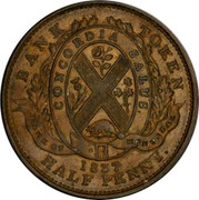 Canada Half Penny (Bouquet Sous) KM# Tn9 BANK TOKEN CONCORDIA SALUS BANK OF MONTREAL 1837 HALF PENNY coin reverse Canada Half Penny (Bouquet Sous) KM# Tn9 BANK TOKEN CONCORDIA SALUS BANK OF MONTREAL 1837 HALF PENNY coin reverse