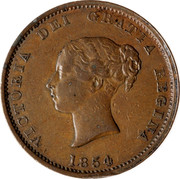 Canada Half Penny New Brunswick Token 1854 Proof KM# 3a VICTORIA DEI GRATIA REGINA 1854 coin obverse Canada Half Penny New Brunswick Token 1854 Proof KM# 3a VICTORIA DEI GRATIA REGINA 1854 coin obverse