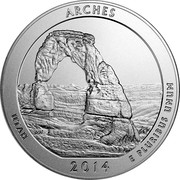 USA Quarter Dollar Arches National Park 2014 P Vapor Blast finish KM# 582 ARCHES UTAH 2014 E PLURIBUS UNUM coin reverse