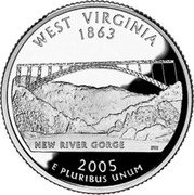 USA Quarter Dollar West Virginia 2005 S KM# 374 WEST VIRGINIA 1863 E PLURIBUS UNUM NEW RIVER GORGE coin reverse USA Quarter Dollar West Virginia 2005 S KM# 374 WEST VIRGINIA 1863 E PLURIBUS UNUM NEW RIVER GORGE coin reverse