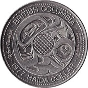 Canada $1.00 British Columbia - Indian Heritage Series I 1977 UNC BRITISH COLUMBIA CURRENCY VALUE $1.00 EXPIRES MAY 31, 1977 1977 HAIDA DOLLAR ROBERT DAVIDSON coin reverse Canada $1.00 British Columbia - Indian Heritage Series I 1977 UNC BRITISH COLUMBIA CURRENCY VALUE $1.00 EXPIRES MAY 31, 1977 1977 HAIDA DOLLAR ROBERT DAVIDSON coin reverse