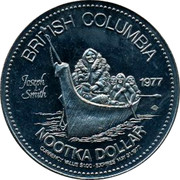Canada $1.00 British Columbia - Maquinna 1977 UNC BRITISH COLUMBIA JOSEPH SMITH 1977 NOOTKA DOLLAR CURRENCY VALUE $1.00 ∙ EXPIRES MAY 31, 1977. coin reverse Canada $1.00 British Columbia - Maquinna 1977 UNC BRITISH COLUMBIA JOSEPH SMITH 1977 NOOTKA DOLLAR CURRENCY VALUE $1.00 ∙ EXPIRES MAY 31, 1977. coin reverse