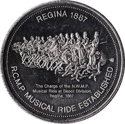 Canada 1 Dollar Regina Commemorative 1977 UNC REGINA 1887 THE CHARGE OF THE N.W.M.P. MUSICAL RIDE AT DEPOT DIVISION REGINA, 1887 R.C.M.P. MUSICAL RIDE ESTABLISHED coin obverse Canada 1 Dollar Regina Commemorative 1977 UNC REGINA 1887 THE CHARGE OF THE N.W.M.P. MUSICAL RIDE AT DEPOT DIVISION REGINA, 1887 R.C.M.P. MUSICAL RIDE ESTABLISHED coin obverse