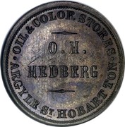 New Zealand 1 Penny Levy - Lipman - Wellington (Mule) 1857  OIL AND COLOUR STORES ARGYLE ST HOBART TON O. H. HEDBERG coin obverse New Zealand 1 Penny Levy - Lipman - Wellington (Mule) 1857  OIL AND COLOUR STORES ARGYLE ST HOBART TON O. H. HEDBERG coin obverse