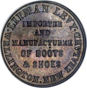 New Zealand 1 Penny Levy - Lipman - Wellington (Mule) 1857  LIPMAN LEVY WELLINGTON NEW ZEALAND IMPORTER AND MANUFACTURER OF BOOTS & SHOES coin reverse New Zealand 1 Penny Levy - Lipman - Wellington (Mule) 1857  LIPMAN LEVY WELLINGTON NEW ZEALAND IMPORTER AND MANUFACTURER OF BOOTS & SHOES coin reverse