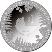 New Zealand $1 Royal Baby 2015 THE NEW ARRIVAL FOR THE DUKE AND DUCHESS OF CAMBRIDGE 2 MAY 2015 $1 coin reverse New Zealand $1 Royal Baby 2015 THE NEW ARRIVAL FOR THE DUKE AND DUCHESS OF CAMBRIDGE 2 MAY 2015 $1 coin reverse