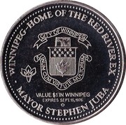 Canada $1 (Winnipeg - Manitoba - Red River Dollar) WINNIPEG ~ HOME OF THE RED RIVER EX CITY OF WINNIPEG UNUM CUM VIRTUTE MULTORUM VALUE $1 IN WINNIPEG EXPIRES SEPT. 15, 1976 MAYOR STEPHEN JUBA coin reverse Canada $1 (Winnipeg - Manitoba - Red River Dollar) WINNIPEG ~ HOME OF THE RED RIVER EX CITY OF WINNIPEG UNUM CUM VIRTUTE MULTORUM VALUE $1 IN WINNIPEG EXPIRES SEPT. 15, 1976 MAYOR STEPHEN JUBA coin reverse