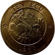 UK 10 ECU St.George and the Dragon 1992 UNC X# 17 TEN ECU 10 1992 coin reverse UK 10 ECU St.George and the Dragon 1992 UNC X# 17 TEN ECU 10 1992 coin reverse