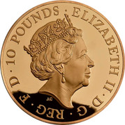 UK 10 Pounds 400th anniversary death of William Shakespeare 2016 Proof ∙10 POUNDS ∙ ELIZABETH II ∙ D ∙ G ∙ REG ∙ D ∙ F J.C coin obverse UK 10 Pounds 400th anniversary death of William Shakespeare 2016 Proof ∙10 POUNDS ∙ ELIZABETH II ∙ D ∙ G ∙ REG ∙ D ∙ F J.C coin obverse