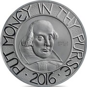 UK 10 Pounds 400th anniversary death of William Shakespeare 2016 Proof PUT MONEY IN THY PURSE 2016 coin reverse UK 10 Pounds 400th anniversary death of William Shakespeare 2016 Proof PUT MONEY IN THY PURSE 2016 coin reverse