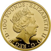 UK 100 Pounds Black Bull of Clarence 1 ounce 2018 Proof ∙100 POUNDS∙ ELIZABETH II∙ D∙G∙REG∙F∙D J.C coin obverse UK 100 Pounds Black Bull of Clarence 1 ounce 2018 Proof ∙100 POUNDS∙ ELIZABETH II∙ D∙G∙REG∙F∙D J.C coin obverse