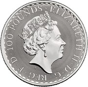 UK 100 Pounds Britannia 2018 ELIZABETH II ∙ D ∙ G ∙ REG ∙ F ∙ D ∙ 100 POUNDS ∙ J.C coin obverse UK 100 Pounds Britannia 2018 ELIZABETH II ∙ D ∙ G ∙ REG ∙ F ∙ D ∙ 100 POUNDS ∙ J.C coin obverse