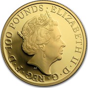 UK 100 Pounds Queen's Beast - Dragon 2018 ELIZABETH II D G REG F D 100 POUNDS J.C coin obverse UK 100 Pounds Queen's Beast - Dragon 2018 ELIZABETH II D G REG F D 100 POUNDS J.C coin obverse