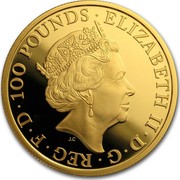 UK 100 Pounds Queen's Beast (Unicorn) Proof 2017 ELIZABETH II ∙ D ∙ G ∙ REG ∙ F ∙ D ∙ 100 POUNDS ∙ J.C coin obverse