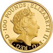 UK 100 Pounds Queen's Beasts - Lion of England 2017 Proof ELIZABETH II ∙ D ∙ G ∙ REG ∙ F ∙ D ∙ 100 POUNDS ∙ J.C coin obverse