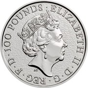 UK 100 Pounds Queen's Beasts - Lion of England 2017 ELIZABETH II ∙ D ∙ G ∙ REG ∙ F ∙ D ∙ 100 POUNDS ∙ J.C coin obverse