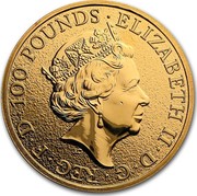UK 100 Pounds Queen's Beasts - Lion of England (Abrasions) 2016 ELIZABETH II ∙ D ∙ G ∙ REG ∙ F ∙ D ∙ 100 POUNDS ∙ J.C coin obverse