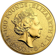 UK 100 Pounds Queen's Beasts - The Dragon 2017 ELIZABETH II ∙ D ∙ G ∙ REG ∙ F ∙ D ∙ 100 POUNDS ∙ J.C coin obverse