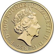 UK 100 Pounds Queen's Beasts (Unicorn) 2018 ELIZABETH II ∙ D ∙ G ∙ REG ∙ F ∙ D ∙ 100 POUNDS ∙ J.C coin obverse UK 100 Pounds Queen's Beasts (Unicorn) 2018 ELIZABETH II ∙ D ∙ G ∙ REG ∙ F ∙ D ∙ 100 POUNDS ∙ J.C coin obverse