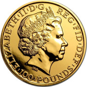 UK 100 Pounds Year of the Sheep 2015 ELIZABETH'II'D'G REG'FID'DEF'100'POUNDS' IRB coin obverse UK 100 Pounds Year of the Sheep 2015 ELIZABETH'II'D'G REG'FID'DEF'100'POUNDS' IRB coin obverse
