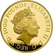 UK 1000 Pounds Black Bull of Clarence 2018 Proof ∙1000 POUNDS∙ ELIZABETH II∙ D∙G∙REG∙F∙D J.C coin obverse UK 1000 Pounds Black Bull of Clarence 2018 Proof ∙1000 POUNDS∙ ELIZABETH II∙ D∙G∙REG∙F∙D J.C coin obverse
