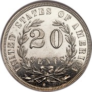 USA 20 Cents Pattern 1874 Proof; About 3-4 surviving KM# Pn1420 UNITED STATES OF AMERICA 20 CENTS coin reverse USA 20 Cents Pattern 1874 Proof; About 3-4 surviving KM# Pn1420 UNITED STATES OF AMERICA 20 CENTS coin reverse