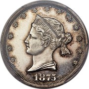 USA 20 Cents Sailor Head 1875 Silver; Judd# 1392 KM# Pn1454 LIBERTY 1875 coin obverse USA 20 Cents Sailor Head 1875 Silver; Judd# 1392 KM# Pn1454 LIBERTY 1875 coin obverse