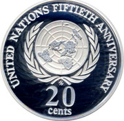 Australia 20 Cents United nations Fiftieth Anniversary 1998 Proof KM# 295a UNITED NATIONS FIFTIETH ANNIVERSARY 20 CENTS coin reverse Australia 20 Cents United nations Fiftieth Anniversary 1998 Proof KM# 295a UNITED NATIONS FIFTIETH ANNIVERSARY 20 CENTS coin reverse